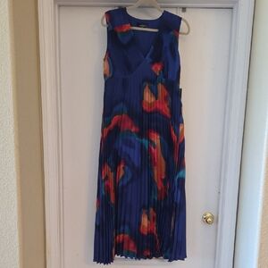 Nicole Miller Vibrant Blue Red Pleated Midi Dress